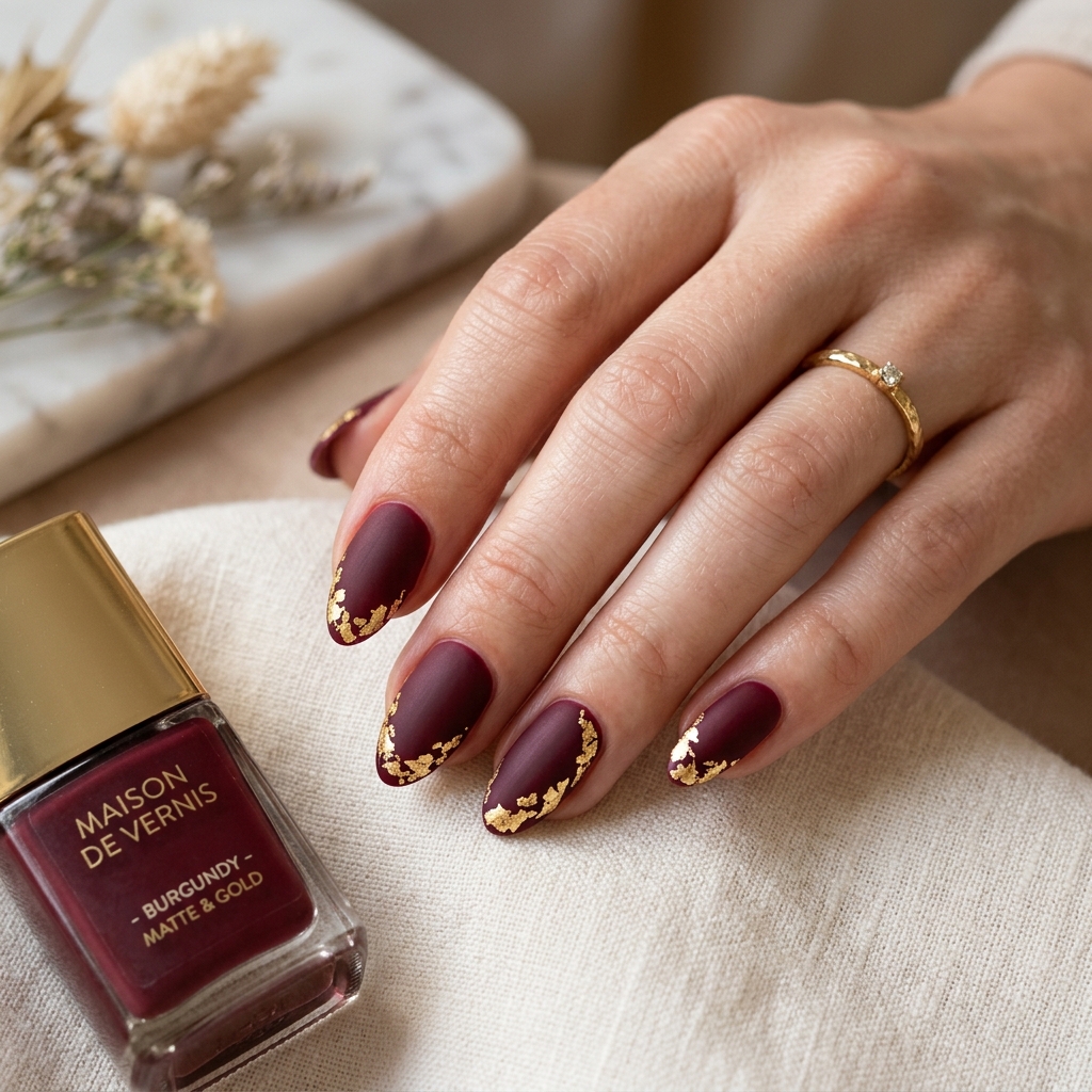 Unghie opache bordeaux con foglie d'oro